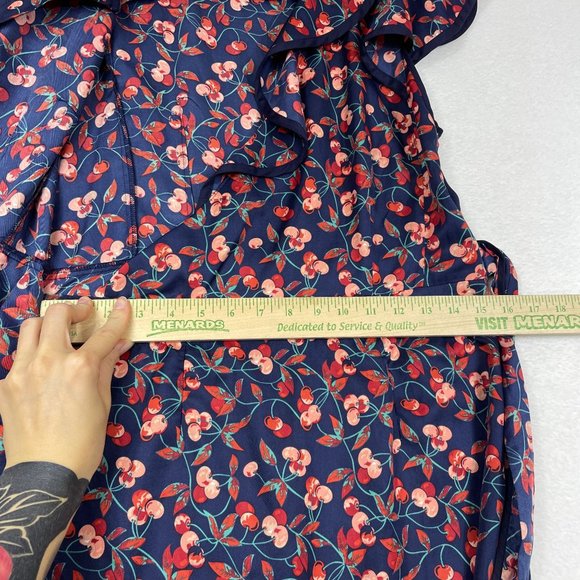 Anthropologie Hey There Cereja Cherry Print Faux Wrap Dress Size 6 Blue Satin - Picture 9 of 15